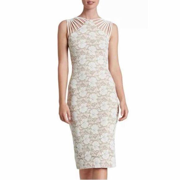 Dress The Population Gwen Lace Strappy Shoulder Sheath Dress Ivory Nude Large - Picture 1 of 14